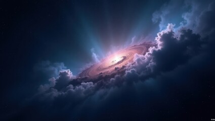 Dramatic cosmic nebula with swirling clouds and bright light