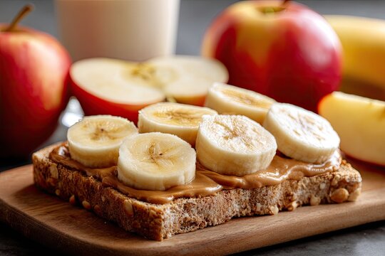 Peanut butter and banana sandwich with apples
