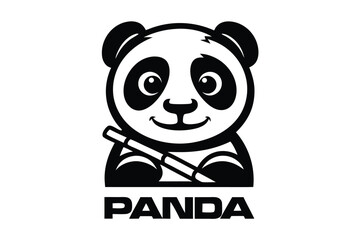 Panda Bear Holding Bamboo Stick Mascot Logo on White Background