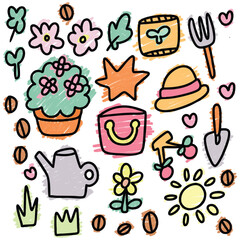 Garden Tools and Flowers Doodle Set