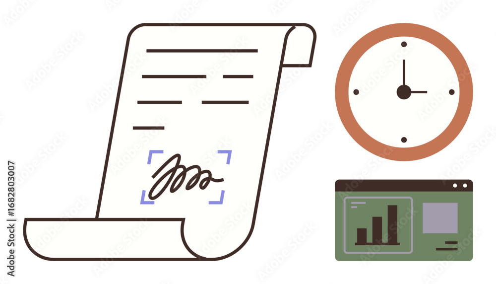 Aufkleber signed document with focus, analog clock, dashboard with chart. ideal for contract approval, workflo