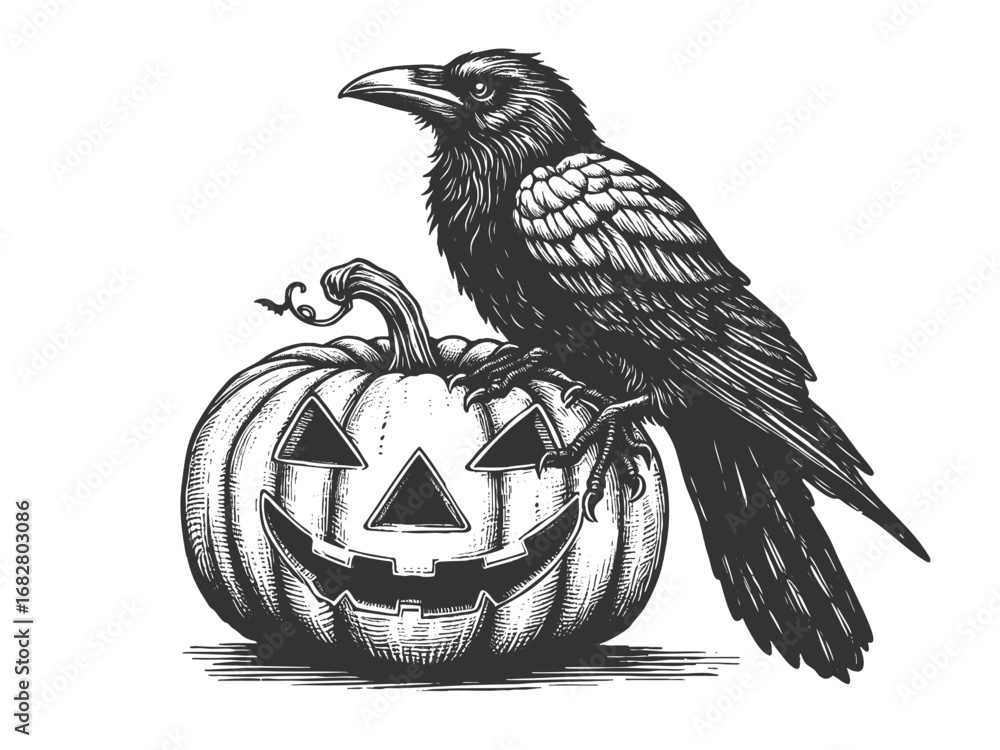 Poster raven standing beside a carved jack-o-lantern pumpkin with bats flying in background sketch engravin