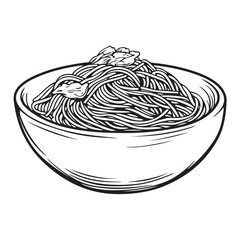A black bowl filled with spaghetti noodles in a clean silhouette style 