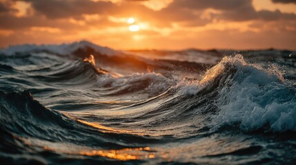 Golden sunrise over turbulent ocean waves