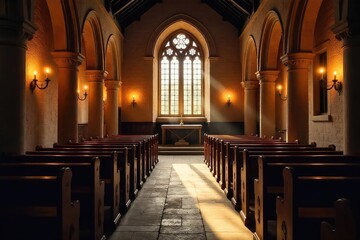 Fototapeta premium Candlelight Illuminates Ancient Church Interior Soft Shadows, Peaceful Atmosphere