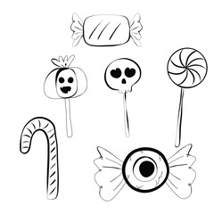 Clipart hand drawn spooky candy for Halloween decoration, doodles outline. cute hand drawn design for print, coloring, wallpaper.