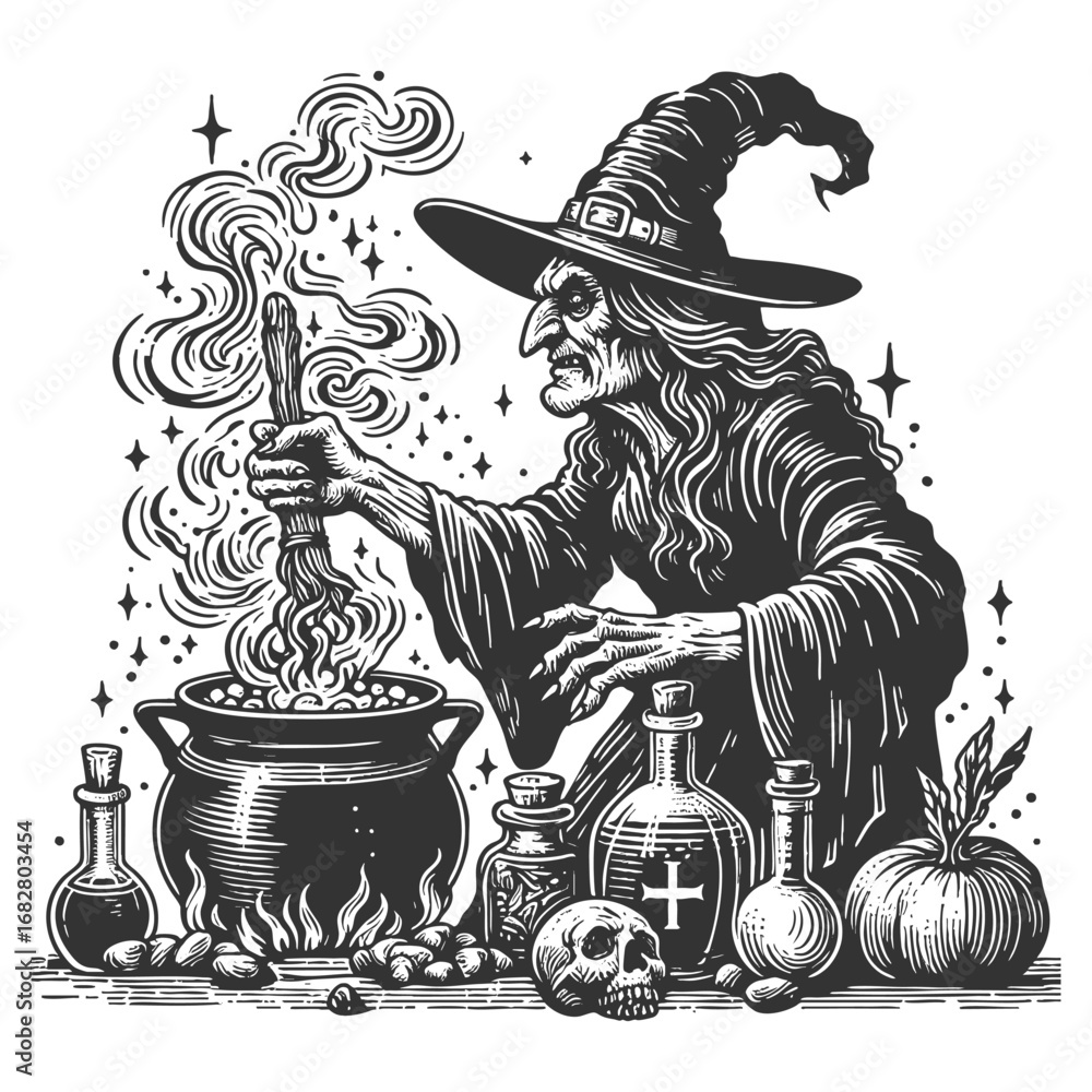 Poster wicked witch in a hat stirring a bubbling cauldron, surrounded by bats and magic sketch engraving ge