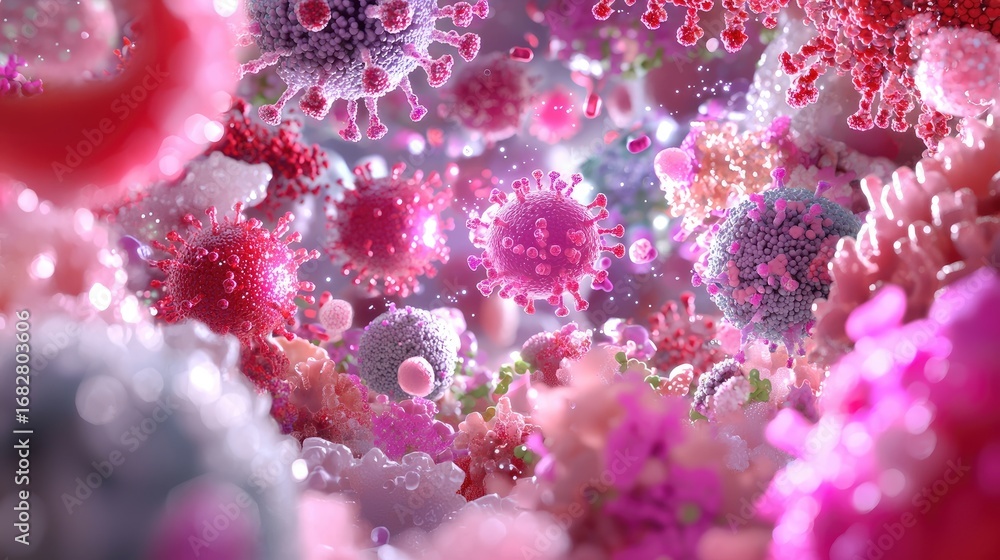 Poster colorful and abstract representation of virus particles in a microscopic world with bright backgroun