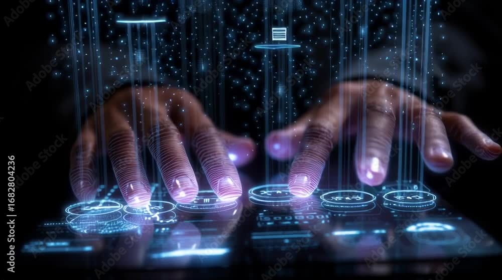 Poster hands interacting with a futuristic digital interface.