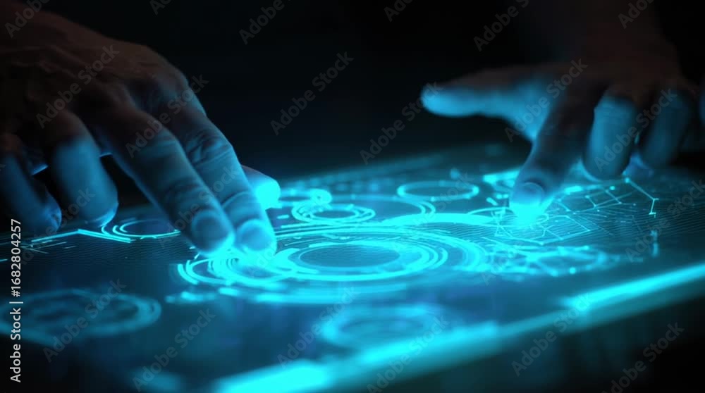 Poster hands interacting with a futuristic glowing digital interface.