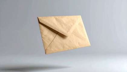 Floating kraft paper envelope shown against a smooth, neutral background. Light reflects on the envelope, creating depth and shape