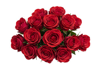 Fototapeta premium Bouquet of fresh red roses isolated on transparent background, romantic floral arrangement perfect for love, celebration, wedding, Valentine’s Day, and decoration themes.
