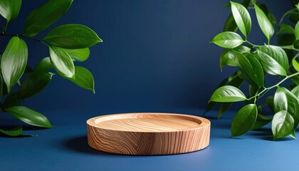 Wood podium with leaf accents on a deep blue backdrop. Fresh greens frame the stage for display. Simple and eye-catching