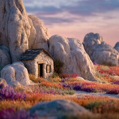 Small stone house nestled amongst colorful wildflowers and large rocks.  Sunrise/sunset light bathes the scene