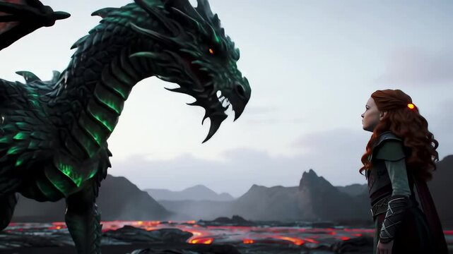 A brave red haired heroine fearlessly confronts a giant glowing green dragon in a fiery volcanic mountain landscape
