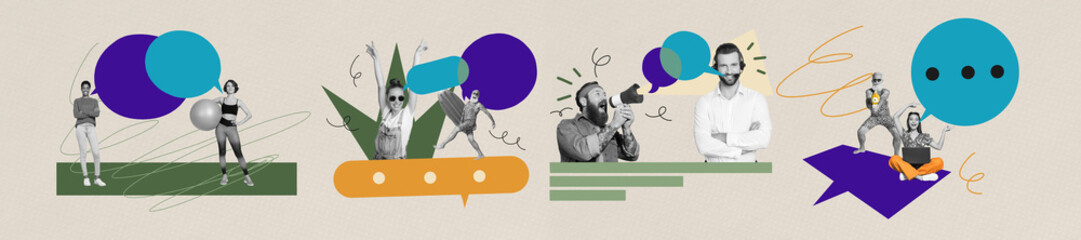 Panoramic full collection collage of happy girl guy stand bubble communication speech dialogue...