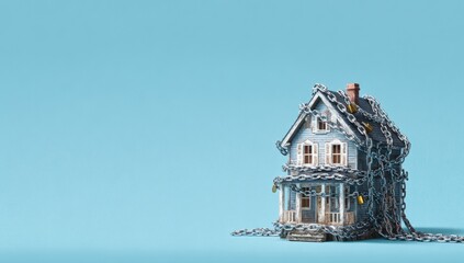 A small, stylized house, painted a muted blue-gray, is completely covered in chains.  It sits on a light blue background