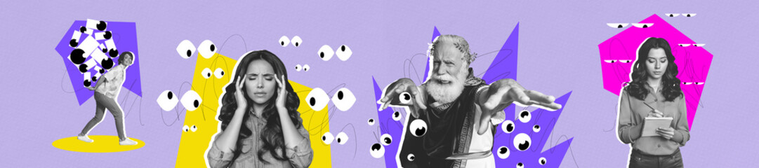 Poster collection trend collage image of puzzled old man count king show eyeball stare freemason...