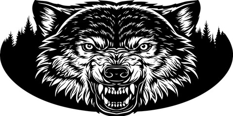 A highly detailed, realistic close-up of a snarling wolf's head. The wolf has sharp fangs, piercing eyes, and a fierce expression, showing aggression or readiness to defend. Its fur is thick and textu