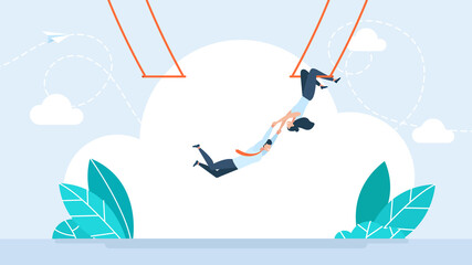 Woman holding man on acrobatic trapeze. Feminism concept. Trust, partnership and support to success, collaborate. Businessman trapeze perform jumping and catch by partner. Flat illustration