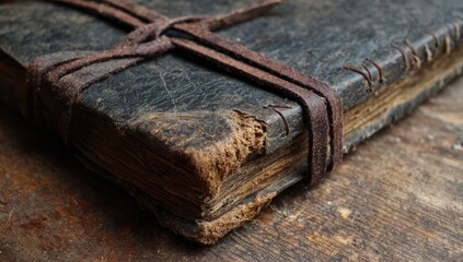 Old leather-bound book, weathered and worn