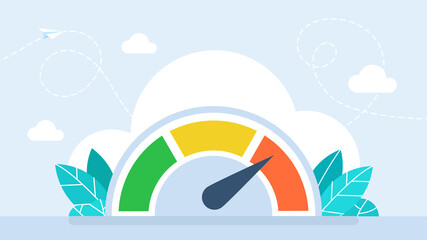 Speedometer icon. Gauge from low to high. Risk meter icon. Risk concept on speedometer. Flat illustration. Speedometer with red, yellow, green scale and arrow. Progress performance chart.