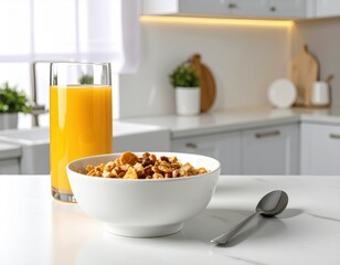 Bowl of cereal and juice on clean white counter 