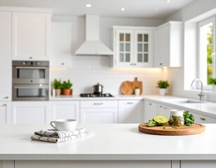 Clean blurred white kitchen background with empty space 