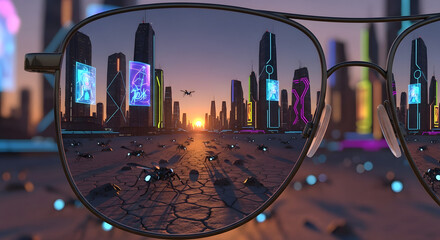 Futuristic city reflected in glasses with robot insects and neon lights