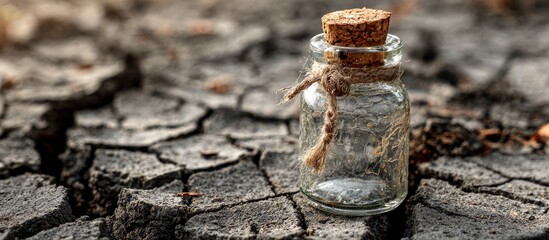 Small glass bottle with cork and twine sits on cracked, dark earth