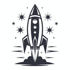 Monochromatic Rocket Ship Blasting Off with Trailing Smoke on White Background