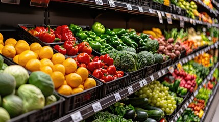 Fresh and Colorful Vegetables and Fruits Displayed in a Grocery Store Aisle for Healthy Eating and Nutrition Choices