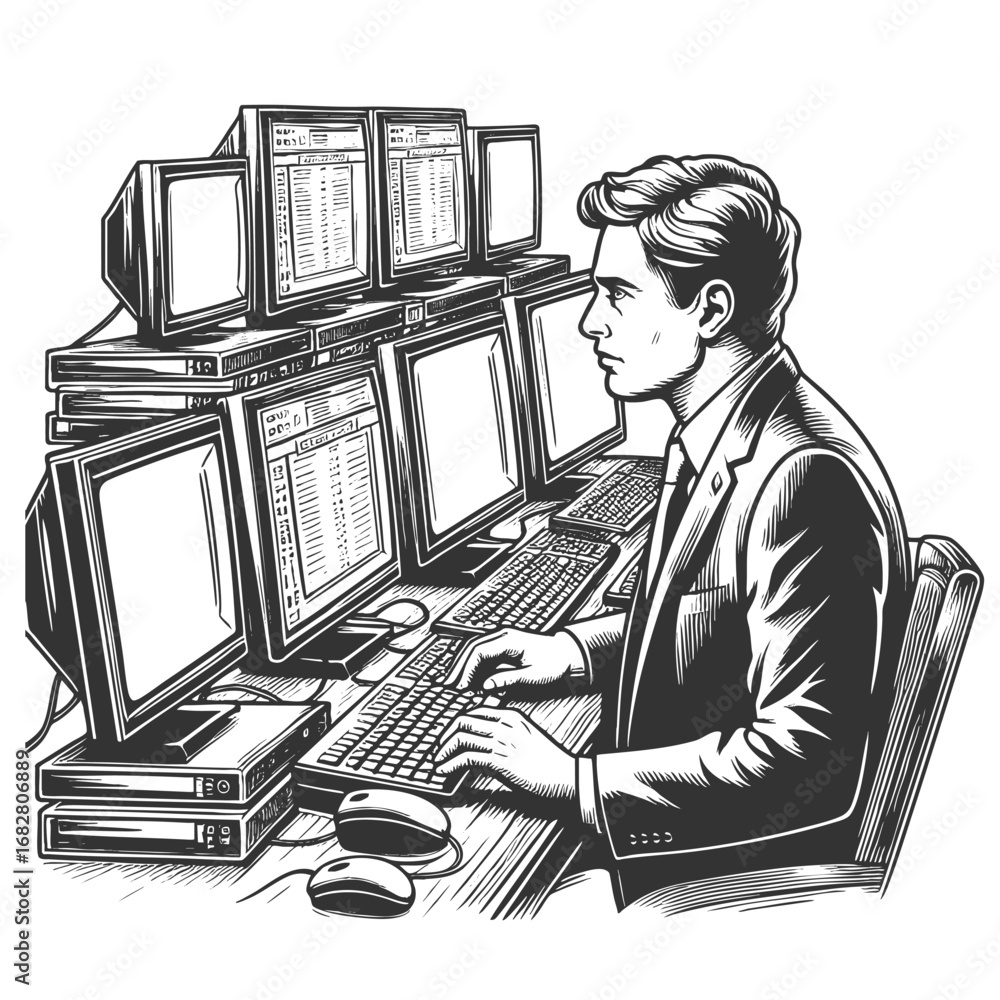 Poster businessman sitting at a desk surrounded by multiple computer monitors, symbolizing data and technol