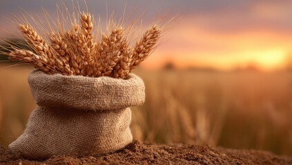 A burlap sack filled with golden wheat stalks sits on a patch of earth, bathed in the warm light of a golden sunset.  A field of ripening wheat extends into the soft-focus background