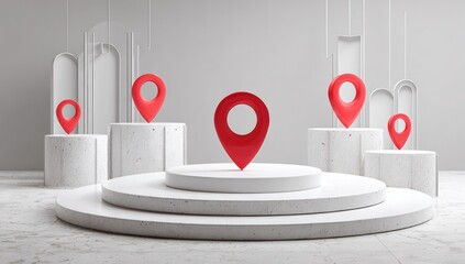 White podiums with red location markers