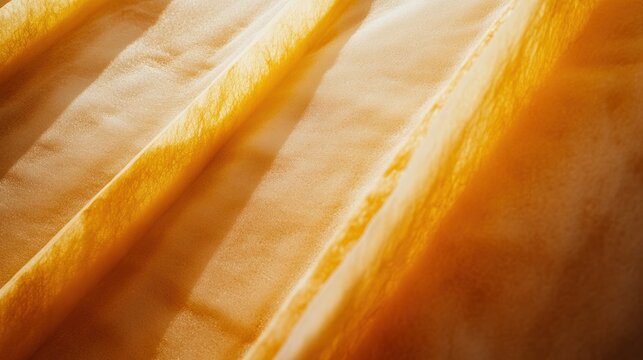 Golden sliced food product, factory production line, bright sunlight, food processing