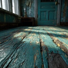 Worn teal wooden floor in an old house