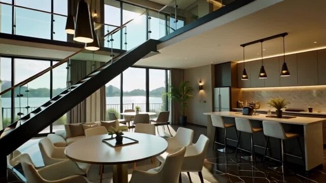 Modern Luxury Duplex Apartment Interior With Open Plan Living Kitchen Dining Area And Scenic Lake View