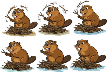 Cartoon beaver illustration set, playful dam builder, forest animal with sticks, expressive poses, nature themed character art, stock image © Rifat's World