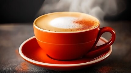 Fototapeta premium Detailed shot of cappuccino surface with cinnamon dust, photographed in ultra-clear 4K using 85mm f1.4 lens, soft cafÃ© lighting and shallow blur