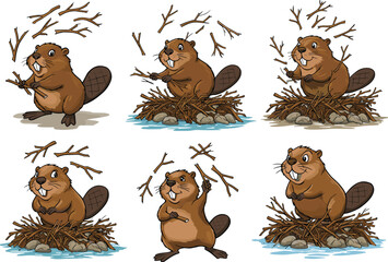 Cartoon beaver building dam, cute animal illustration, forest lodge construction, playful wildlife art, nature scene, stock image, cheerful character