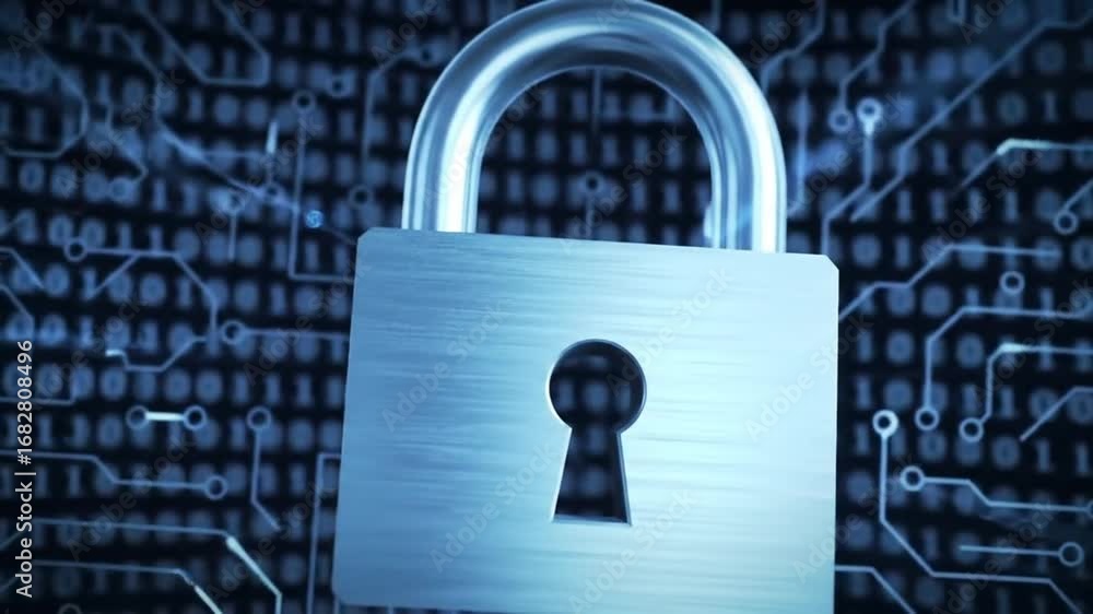 Poster metallic padlock over circuit board background securing data and system