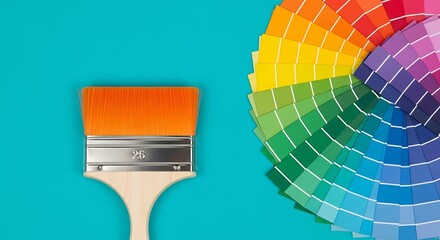 Paintbrush and Colorful Swatch Palette against a Vibrant Teal Background a Creative Burst of Artistic Expression and