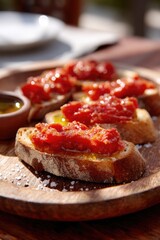 Catalan-Style Tomato Toast on Rustic Wooden Platter
