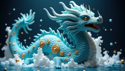 Mythical blue dragon emerging from water with golden accents