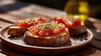 Catalan-Style Tomato Toast on Rustic Wooden Platter
