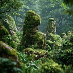 Misty forest scene, mossy rocks. Lush greenery, damp