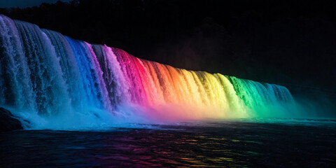 Vibrant Rainbow Waterfall at Night, Colorful Spectacle, Natural Wonder, Illuminated, Majestic, Dreamlike, Serene, Whimsical, Captivating, Radiant, Magical, Ethereal, Bright, Awe-Inspiring, Scenic, Fan