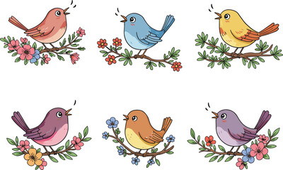 Cartoon birds on flowered branches, singing poses, spring nature theme, colorful vector illustration, cheerful wildlife, decorative animal art, stock image