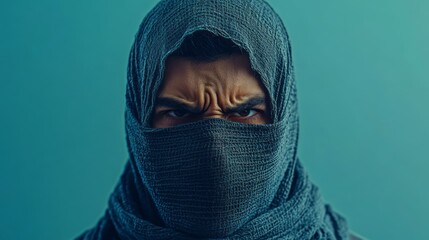 Naklejka premium Close-up portrait of a person shrouded in a dark gray textured headscarf, conveying an intense and wary expression against a vibrant teal backdrop.